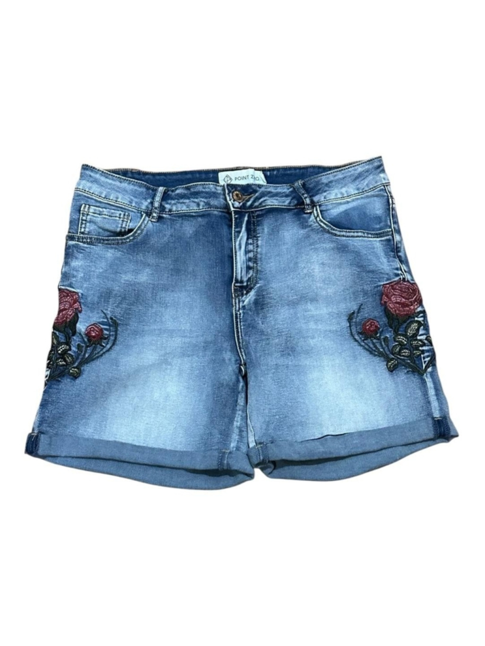 Point Zero Shorts Womens 11 Blue Denim Cuffed Rose Embroidered Skimmer Juniors